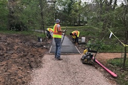 Water passes through the pervious surface of Porous Pave at a rate of 5,800 - 6,300 gallons per hour per square foot, allowing stormwater to percolate down through the base below. This also means that before installation, an open-graded stone is put down to help add water storage and protect the base from deterioration.