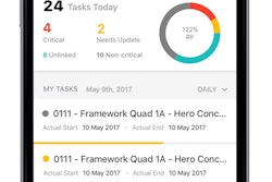 The onTarget mobile app dashboard provides overview of project status including tasks, documents, timecards, safety and weather.