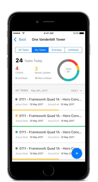 The onTarget mobile app dashboard provides overview of project status including tasks, documents, timecards, safety and weather.