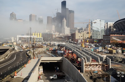 Construction work on the northbound SR 99 off-ramp bridge to south Dearborn Street in November 2016 - part of the new Alaskan Way Viaduct project.