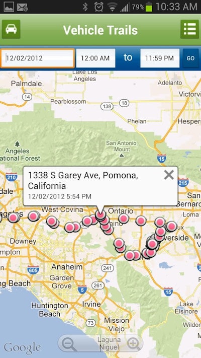 Vehicle trails let users choose a date and time range to display a map view of a vehicle’s reported locations during that time.