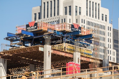 Contractor FA Wilhelm Construction is using Doka's Top 50 large-area formwork system, Framax Xlife and Super Climber self-climbing core system on the Omni Louisville hotel.