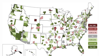 The largest percentage decreases for the year were in Grand Forks, N.D.-Minn. (-21%, -1,000 jobs). The largest percentage gains occurred in the Bloomington, Ill. metro area (63%, 1,900 jobs)
