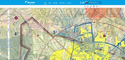Visual Flight Rules (VFR) sectional map of the flight area within Skyward software.