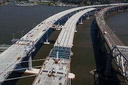 Construction on the eastbound bridge's main span of the New NY Bridge in July 2017.