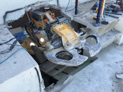 Crews built ramps to allow the machine to drive up the almost vertical staircases.