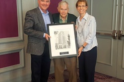 Elgin Sweeper vice president and general manager Mike Higgins (left), and regional HR manager Lisa Baran (right), pose with Jack Shales, United Way of Elgin’s longest-serving volunteer, at United Way of Elgin’s campaign kick-off reception on Thursday, Sept. 21, 2017, in Elgin, Ill. Elgin Sweeper was named the 2017 recipient of the Jack Shales Spirit of Community Award by United Way of Elgin for demonstrating exceptional corporate responsibility and community involvement through the 2016-2017 workplace campaign for United Way.