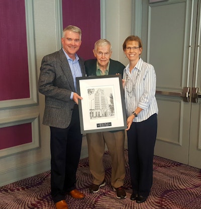 Elgin Sweeper vice president and general manager Mike Higgins (left), and regional HR manager Lisa Baran (right), pose with Jack Shales, United Way of Elgin’s longest-serving volunteer, at United Way of Elgin’s campaign kick-off reception on Thursday, Sept. 21, 2017, in Elgin, Ill. Elgin Sweeper was named the 2017 recipient of the Jack Shales Spirit of Community Award by United Way of Elgin for demonstrating exceptional corporate responsibility and community involvement through the 2016-2017 workplace campaign for United Way.