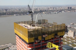 Cross Country Construction is using 23 protection screens that are 53 ft. 4 in. tall and six loading platforms, totaling 73 vertical profiles for construction of 55 Hudson Yards.