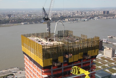 Cross Country Construction is using 23 protection screens that are 53 ft. 4 in. tall and six loading platforms, totaling 73 vertical profiles for construction of 55 Hudson Yards.
