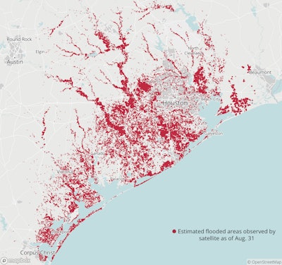 Preliminary flood data collected by the Dartmouth Flood Observatory using satellite imagery shows the extent of flood water across Southeast Texas. Because cloud cover can limit the availability of data, this represents the minimum likely extent of the flood water.