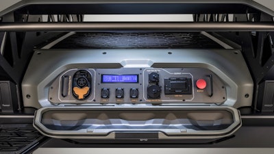 The Exportable Power Takeoff feature of the Silent Utility Rover Universal Superstructure demonstrates how high-voltage DC from the fuel cell stack could be converted to both high- and low-voltage AC to power tools or equipment.