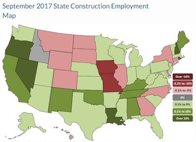 Oregon, Rhode Island, Nevada, Louisiana and New Hampshire added the highest percentage of construction jobs over the last year. Iowa, Missouri, Georgia and Illinois lost the highest percentage.