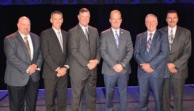 2018 AEM Officers (L-R): CE Chair Jeff Reed, Reed International/VSS Macropaver; Treasurer Todd Stucke, Kubota Tractor Corp.; Vice Chair Jim Walker, CNH Industrial; Chair Rich Goldsbury, Doosan Bobcat; AG Chair John Lagemann, Deere & Co.; Secretary Dennis Slater, AEM.