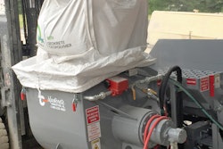 Billowing dust from dumping 50-pound bags of material into the mixer can easily be eliminated with 500-pound bulk bags and a dust shroud. A quick tightening of the shroud around the hopper opening will create a seal that prevents the dust from escaping as the bottom of the bag slices open over the machine.