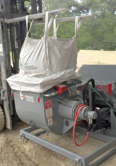 Billowing dust from dumping 50-pound bags of material into the mixer can easily be eliminated with 500-pound bulk bags and a dust shroud. A quick tightening of the shroud around the hopper opening will create a seal that prevents the dust from escaping as the bottom of the bag slices open over the machine.
