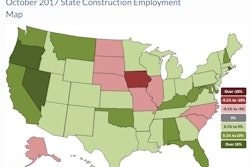 Iowa lost the highest percentage of construction jobs over the last year at -6.6% while Nevada added the highest percentage at 12%.