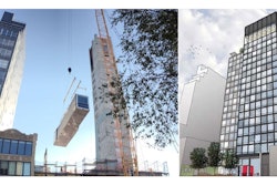 Pre-engineered units produced in a factory in Poland are delivered to the citizenM Bowery Hotel in Manhattan site for assembly.