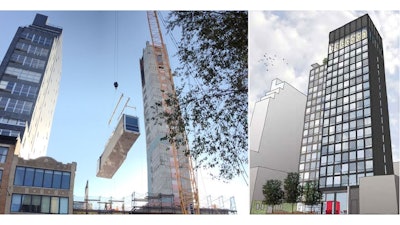 Pre-engineered units produced in a factory in Poland are delivered to the citizenM Bowery Hotel in Manhattan site for assembly.