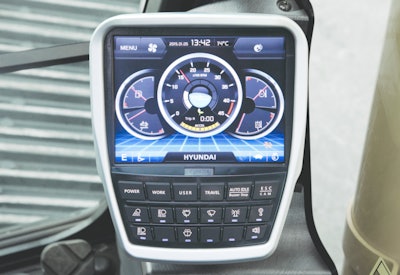 The operator can view the status of all major components and functions through the Hyundai interactive, adjustable touchscreen monitor. The operator can control these systems via push buttons, the touch screen monitor itself or a haptic control that is positioned right at his fingertips.