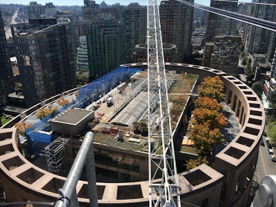 The Vancouver Public Library is designed after the Roman Colosseum and surrounded by an elliptical wall.