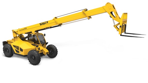 The boom on Pettibone's Traverse T944X telehandler is mounted on a moving carriage that shifts the entire boom forward up to 70 in. to land loads easily just 6 in. short of the forklift's 44-ft. 6-in. max. lift height.