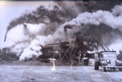Cliff's dad was the loader operator at this Barber Greene batch plant in 1948. He said an 'Overzealous plant operator got the mix too hot and set the thing on fire.'