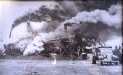 Cliff's dad was the loader operator at this Barber Greene batch plant in 1948. He said an 'Overzealous plant operator got the mix too hot and set the thing on fire.'