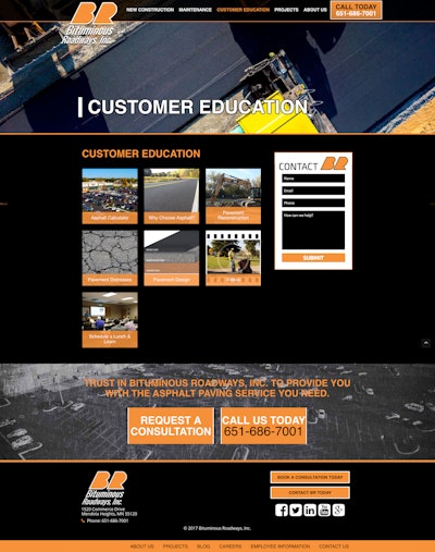 The redesign included reorganizing the main menu into new construction and maintenance, adding a photo gallery, highlighting a 'call to action,' and adding a Customer Education page.