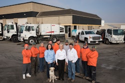 The Jacketta Sweeping Service team (from left, back row): Tyson Cook, driver; Denton Taylor, truck washer; Connee Pierce, driver; Sheldon Haworth, driver; Parker Haworth, driver; Charles Gould, mechanic; John Henderson, CDL operator; Nathan Haroldsen, CDL operator; Andrew Webber, CDL operator; (front row, from left) Kara Moore, office manager; Debbie Jacketta, president; Craig Dunham, operations...and Rocco. Not pictured: Parker Evans, Paul Mushumba, Marvin Wade.