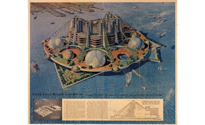 Frank Lloyd Wright's Key Plan for Ellis Island was his last design before his death in 1959. The plan envisioned the decommissioned island as a self-contained city.