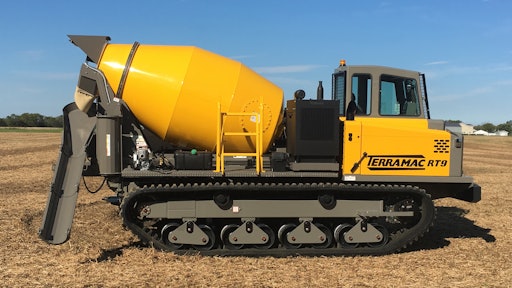 RT9 customized with a Shortstop 3.5 concrete mixer by Ernest Industries. The ability to tilt up the mixer with the RT9’s dump bed function ensures concrete will remain in the drum at almost any angle.