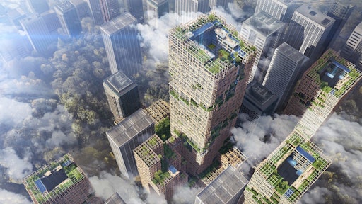 The supertall skyscraper will us braced tube structure in which steel frame vibration control braces (diagonal braces) are positioned inside a column and beam structure, made from a combination of wood and steel.
