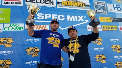 The 16th Annual Spec Mix Bricklayer 500 crowned the World's Best Bricklayer, David Chavez of Houston’s Ranch Masonry, and his tender, Miguel Contreras, after their 60-minute effort laid 698 bricks in double-wythe wall with no technical deductions.
