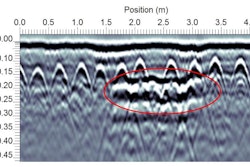 Figure 1: GPR line on slab-on-grade concrete floor reveals a void. The strong contrast between the concrete and air-filled void produces a strong reflection at the bottom of the slab.