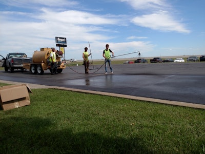 Cody says they apply sealer using squeegee or spray depending on what the customer wants, and the glass in sealer goes down no differently than sand or boiler slag. He says the glass has created no issues with the spray sealcoating system. In fact he says he thinks silica sand might wear out a spray system quicker.