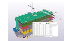 A model of a building using Tekla Structures. The 3D model is the single source of information for drawings and other outputs, such as reports and NC data files. This ensures that the information in drawings and reports is always up to date, as they react to modifications in the model.