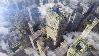 The supertall skyscraper will us braced tube structure in which steel frame vibration control braces (diagonal braces) are positioned inside a column and beam structure, made from a combination of wood and steel.