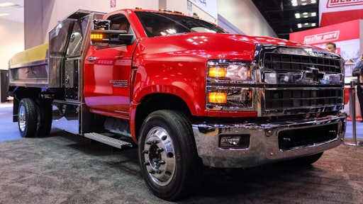 Chevrolet pulled off a surprise reveal of the 2019 Silverado 6500HD at NTEA The Work Truck Show, seen here with dump-body upfit. Industry had been expecting just the 4500HD and 5500HD.