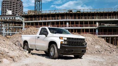 2019 Silverado Work Truck features a “CHEVROLET” graphic across the grille and tailgate, blacked-out trim and 17-in. steel wheels. The interior features durable vinyl or cloth seats and 7-in. color touch screen.