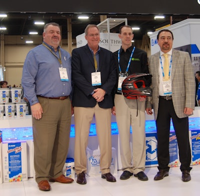Pictured left to right: (L-R) – Al Ross and Kevin Ishkin of All Tile-Carpet Cushion (the MAPEI distributor), Brian Schmidt of Mr. David’s Flooring International, LLC (grand prize winner) and Luigi Di Geso, President and CEO of MAPEI Corporation.