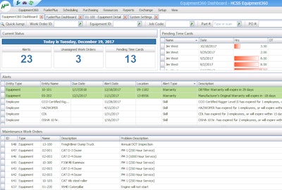 HCSS shop maintenance software has a dashboard to present various alerts such as maintenance reminders and inspection updates.
