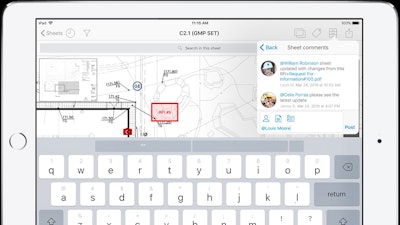 Shown is a request for information (RFI) with comments for a construction project that uses PlanGrid. PlanGrid is a mobile collaboration and digital drawing management system that shares real-time information between contractors working on a construction project. The software is being used by all the contractors and subcontractors working on the Hudson Yards project in New York.