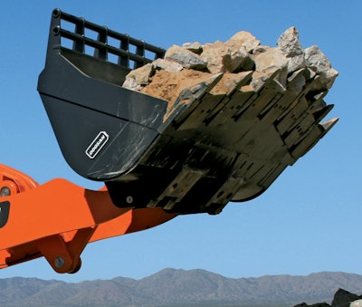 The spade nose-style rock bucket is designed for heavy-duty digging applications. It features pin-on mounting and standard weld-on teeth.