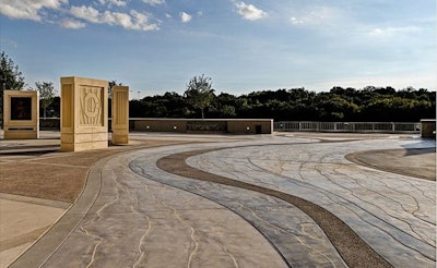 When Texas Christian University renovated their football stadium the design objective for Founder’s Plaza was to emulate a map view of Fort Worth, Texas including city streets, railroad tracks, and the Trinity River.