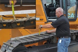 To determine track tension, measure to the grouser tip from a straight edge or string stretched from the carrier roller to the idler or sprocket, whichever sags most. Check the manuals for the machine model at hand for the full procedure and specific sag prescription.