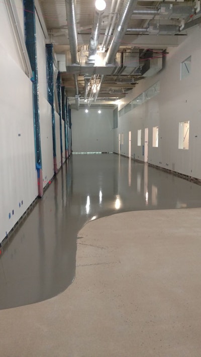 As a self-leveling flowable compound the overlay mixing and pouring process is relatively straightforward. The overlays are traditionally in bag form and are designed for small batch quantities, though some contractors choose to work larger floors with a specialized pump truck. .