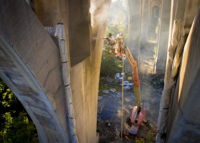 Arguably the most challenging aspect of project was reconstructing the deteriorated concrete piers, which required ACI Certified Nozzlemen from Mar-Allen Concrete Products, Inc. to make 60 percent of the repairs overhead while elevated off the ground up to 120-feet, often in high winds.
