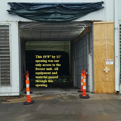Using wall saws and a Brokk 180 to breach exterior walls, crews created a tunnel through a refrigeration room.