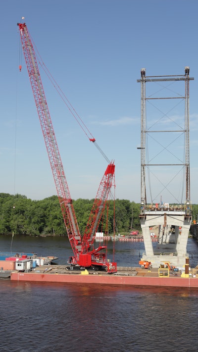 A Manitowoc MLC300 crawler crane was used to lift arch rib sections into place during replacement of an 84-year-old Illinois truss bridge